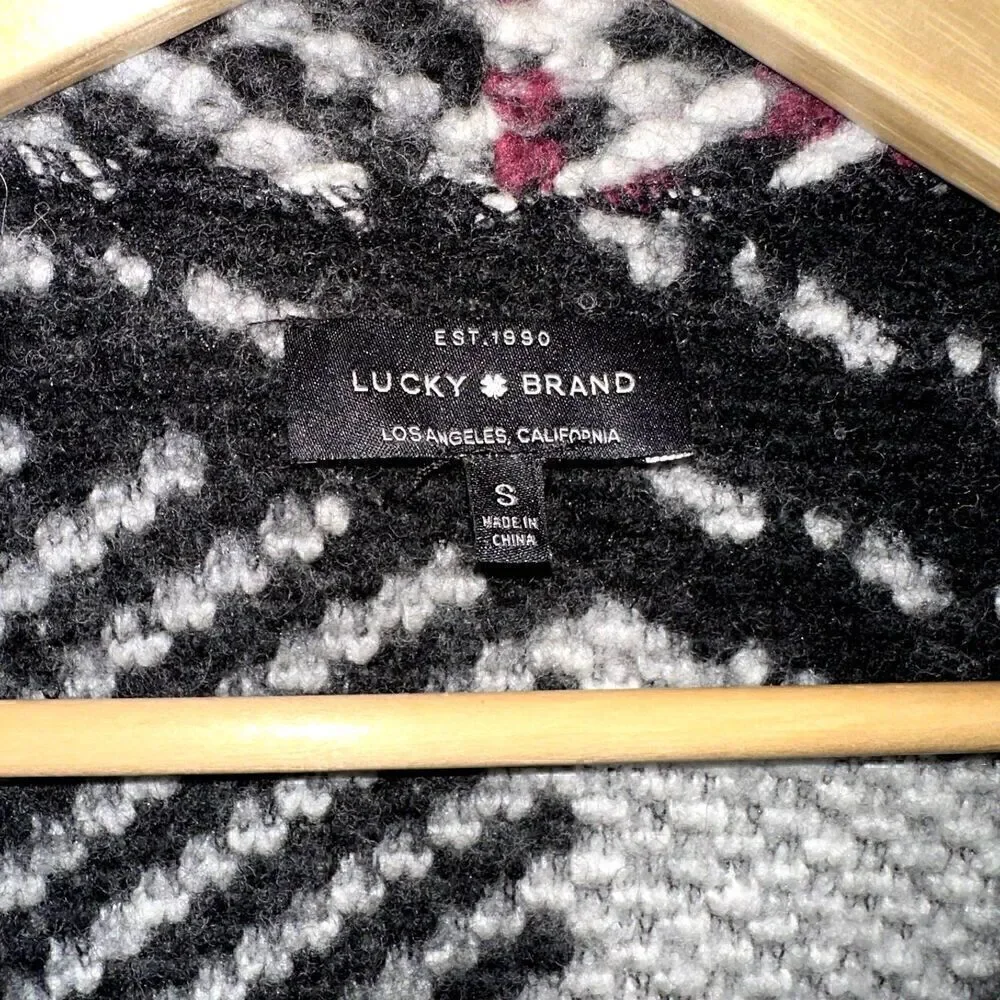 Lucky Brand Red Black White Wool Blend Chunky Aztec Open Cardigan Sweater Size S